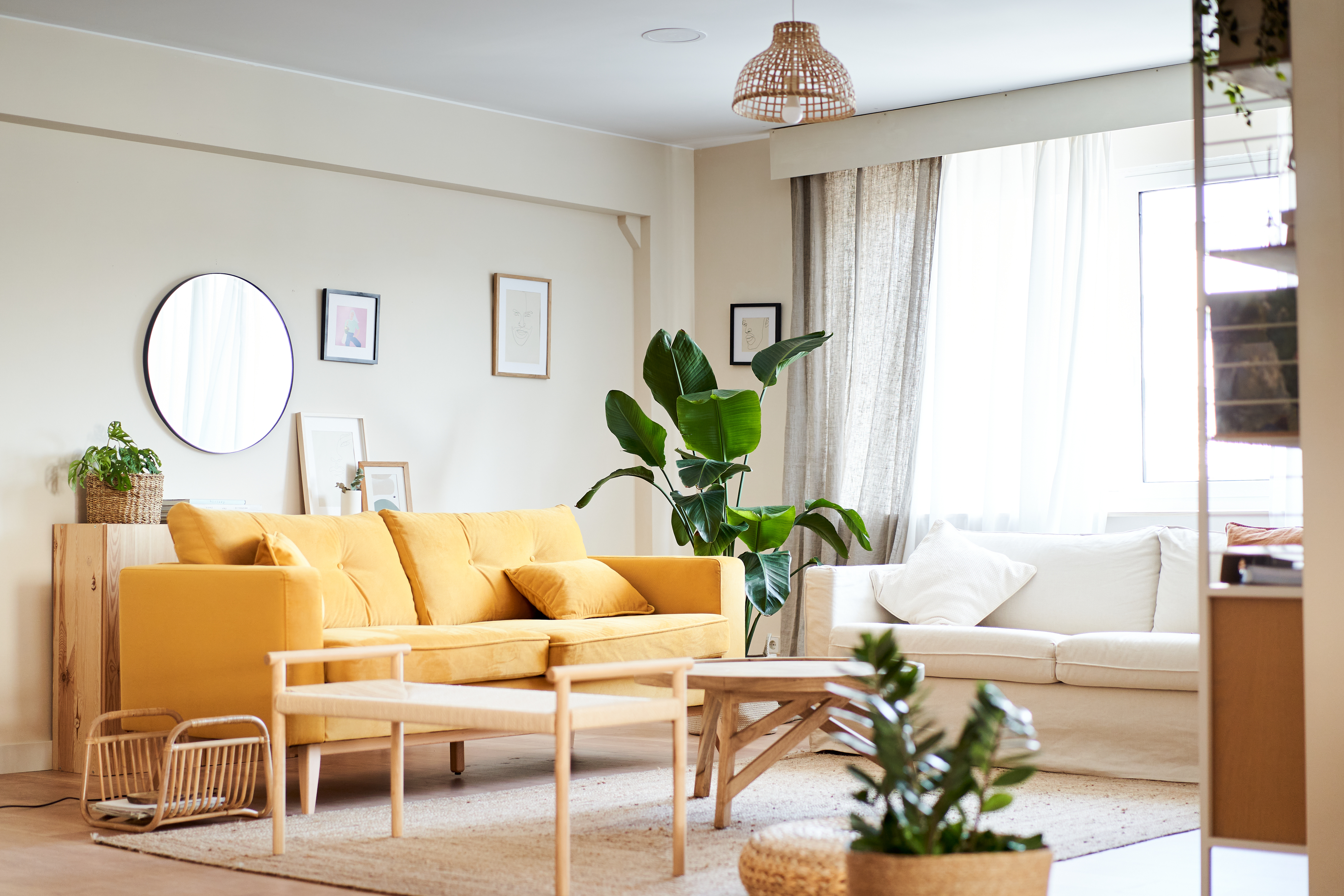 Bright living room with yellow sofa, wooden furniture, potted plants, and round mirror on cream wall